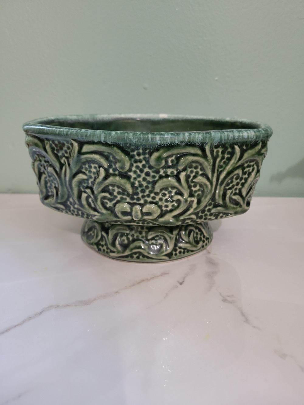 Vintage Handmade Green Embossed Ceramic Planter Bowl Pottery - Home Art